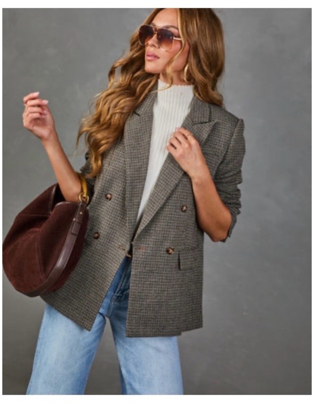 Houndstooth Double-Breasted Blazer Jacket - Brown/Gray